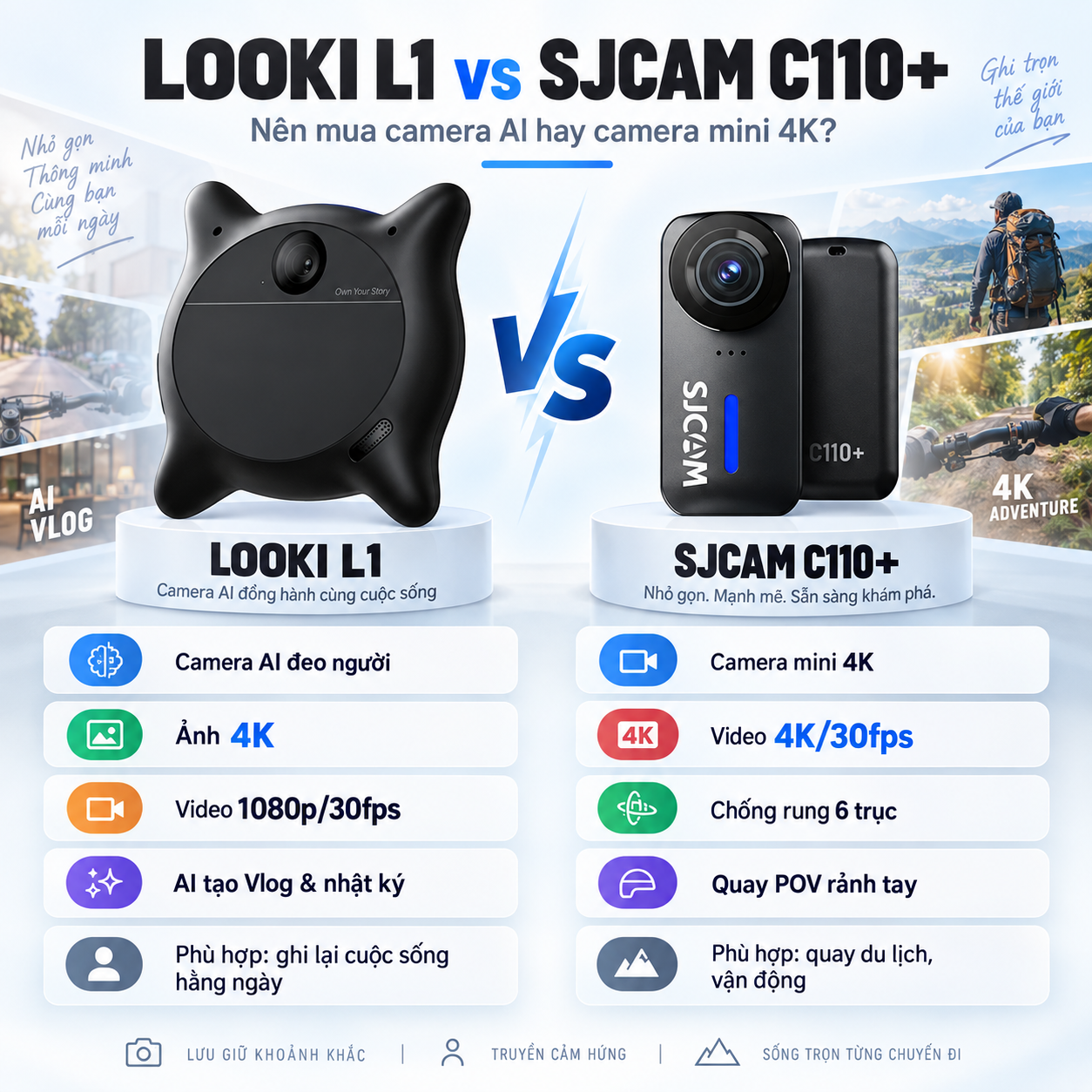 So sánh LOOKI L1 và SJCAM C110+: LOOKI L1 chụp ảnh 4K, quay video 1080p/30fps và tạo vlog bằng AI; SJCAM C110+ quay video 4K/30fps, chống rung 6 trục.