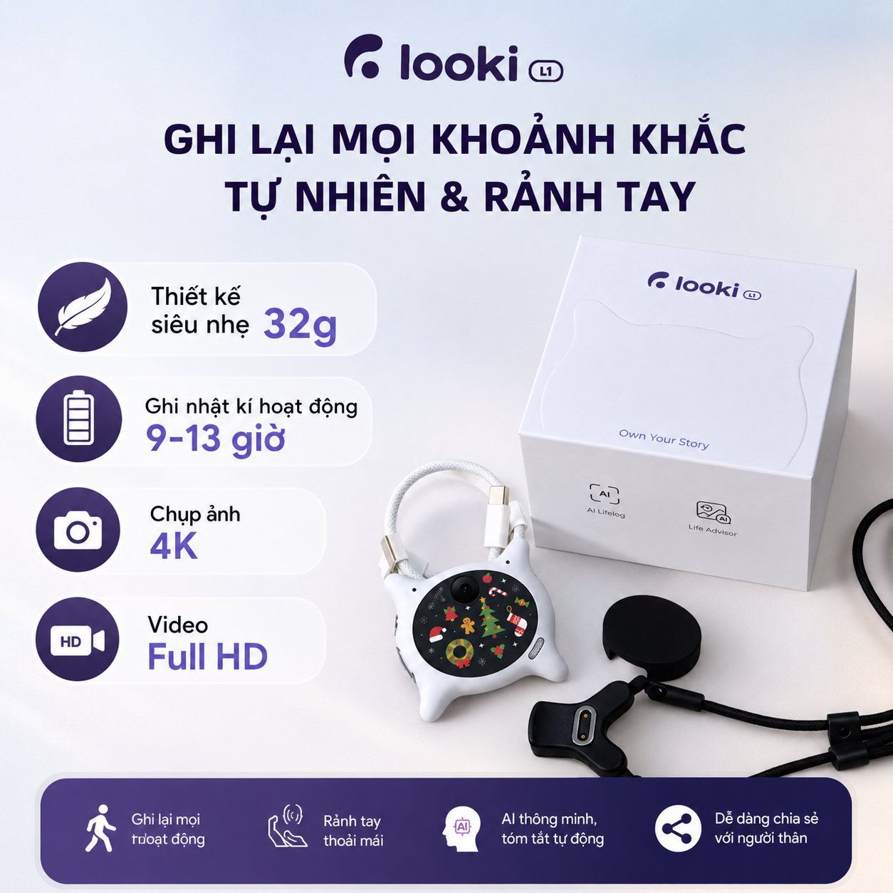 LOOKI L1 camera AI đeo người siêu nhẹ 32g